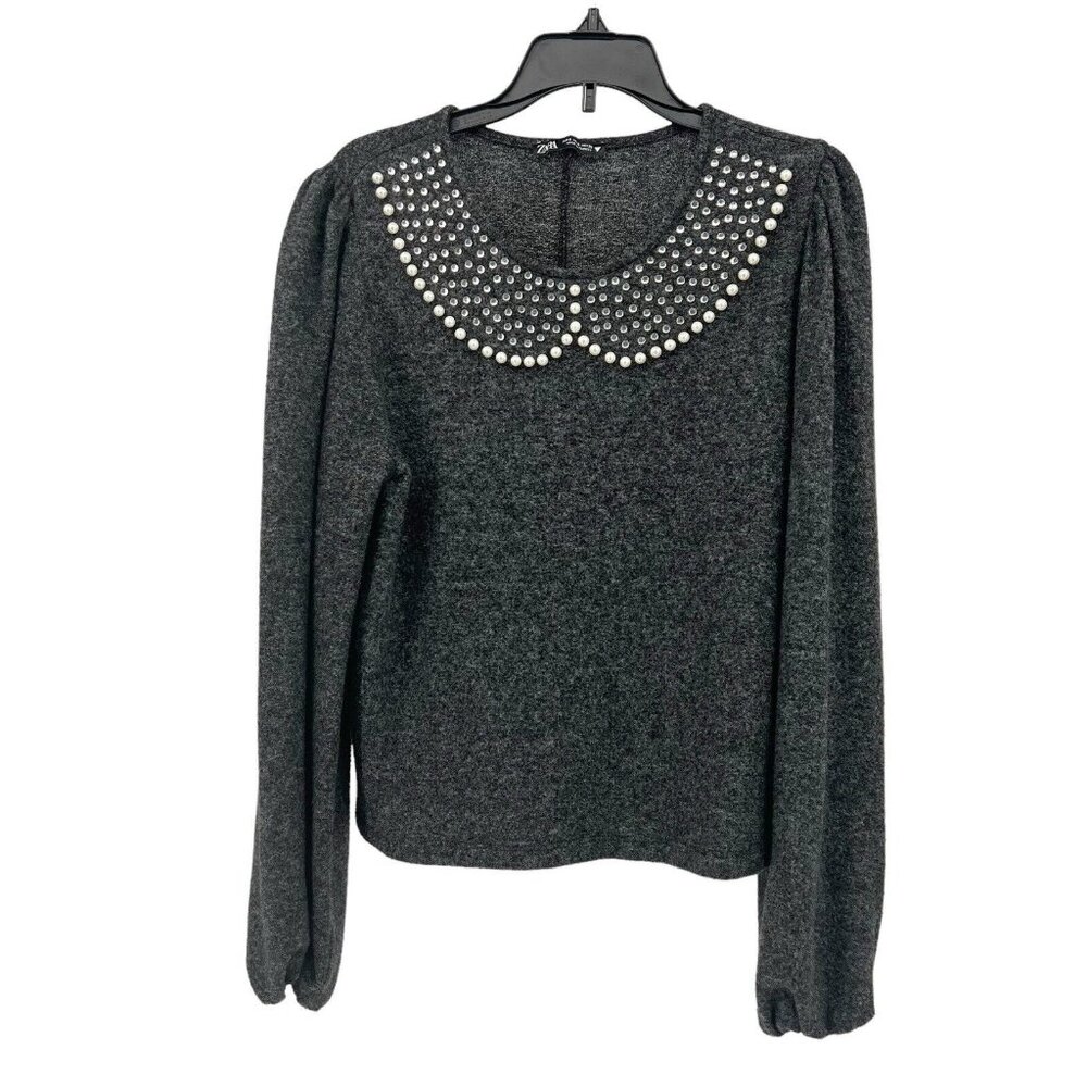 Zara Sweater S Beaded Neckline Womens Grey Long Sleeve Pullover Sweater Sz Small